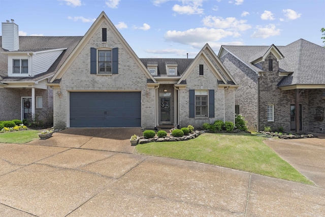 view of front of home featuring driveway, a garage, a front lawn, brick siding, and roof with shingles