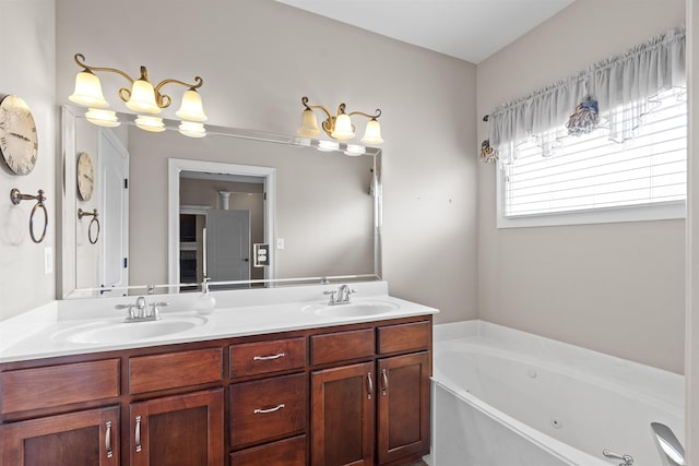 full bathroom featuring double vanity and a tub with jets
