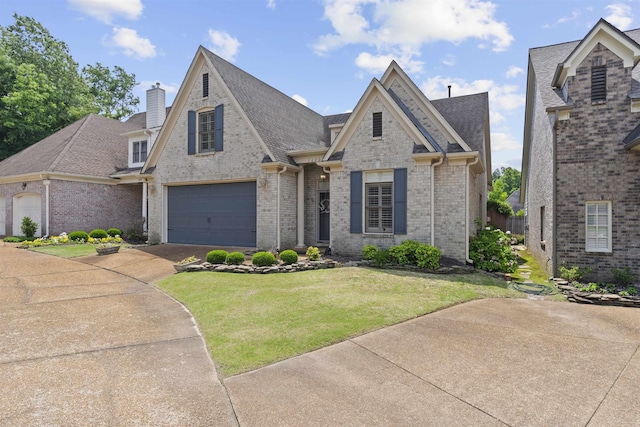 view of front facade featuring concrete driveway, brick siding, roof with shingles, a front yard, and a chimney