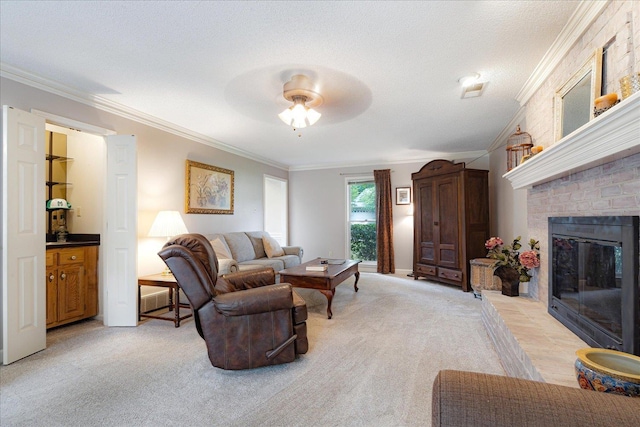 7733 Quick Fox Cv, Memphis, TN 38016 - living area with crown molding, light carpet, a fireplace, and ceiling fan