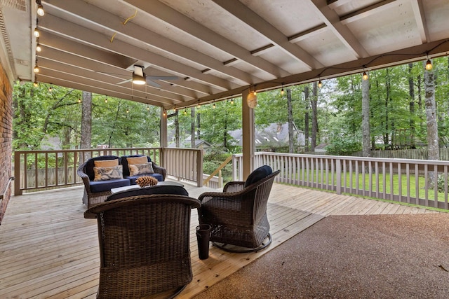 787 Pearson Oaks Dr, Collierville, TN 38017 - deck with an outdoor living space, a ceiling fan, a fenced backyard, and view of scattered trees