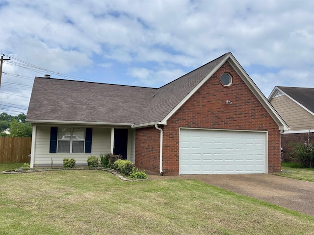 view of front of house featuring driveway, a shingled roof, brick siding, and a garage