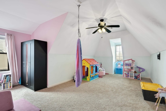 13525 Lapstone Loop, Olive Branch, MS 38654 - rec room with vaulted ceiling, ceiling fan, carpet, and baseboards