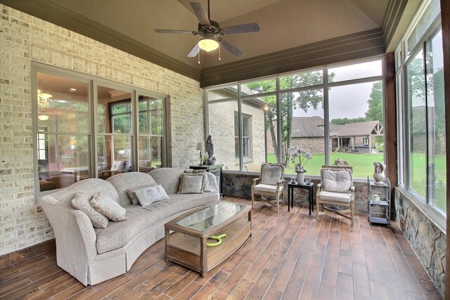75 Windgrove Cv, Piperton, TN 38017 - sunroom / solarium with a ceiling fan, outdoor lounge area, brick wall, and wood finished floors