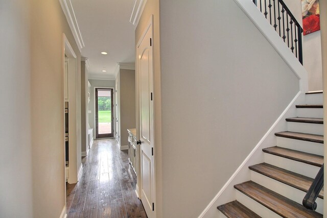 75 Windgrove Cv, Piperton, TN 38017 - staircase with crown molding, wood-type flooring, recessed lighting, and baseboards