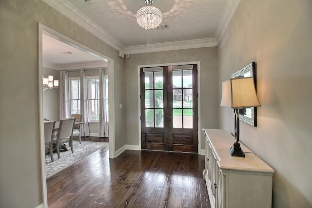 75 Windgrove Cv, Piperton, TN 38017 - foyer with french doors, a chandelier, dark wood-style flooring, baseboards, and ornamental molding