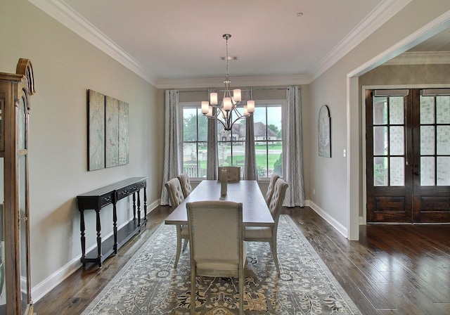 75 Windgrove Cv, Piperton, TN 38017 - dining space with a chandelier, french doors, dark wood-type flooring, baseboards, and ornamental molding