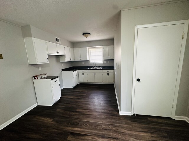 2232 Amethyst Cv, Memphis, TN 38127 - kitchen with a sink, baseboards, dark wood-style floors, white cabinets, and dark countertops