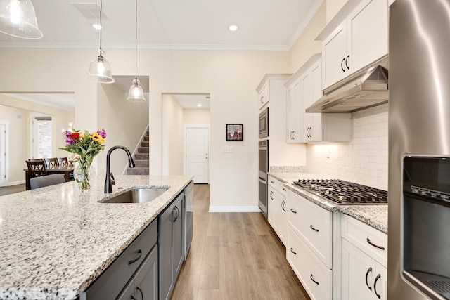 6423 Osier Cv, Bartlett, TN 38135 - kitchen featuring stainless steel appliances, a sink, under cabinet range hood, ornamental molding, and white cabinetry