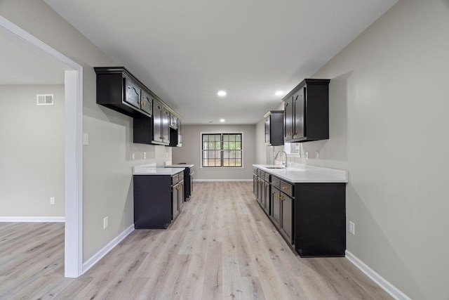 6410 Coteswood Rd, Memphis, TN 38134 - kitchen with a sink, light wood-style flooring, dark cabinetry, and recessed lighting