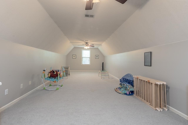 1796 Campden Dr, Collierville, TN 38017 - playroom featuring ceiling fan, carpet, baseboards, and vaulted ceiling