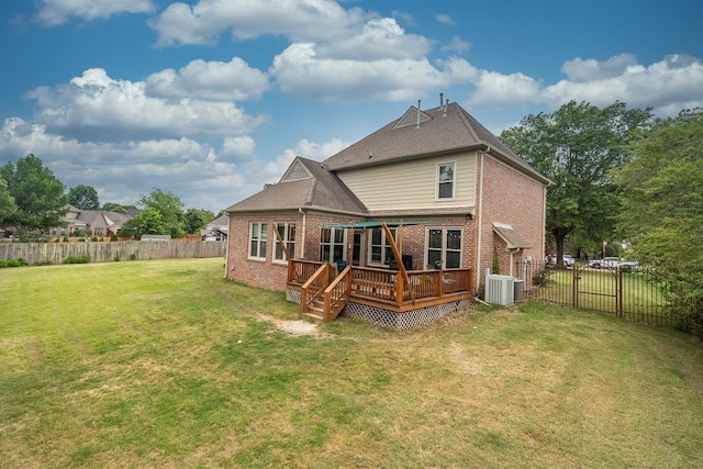 1796 Campden Dr, Collierville, TN 38017 - back of house featuring a wooden deck, central air condition unit, and brick siding
