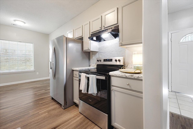 kitchen with stainless steel appliances, under cabinet range hood, light wood-style flooring, a textured ceiling, and tasteful backsplash