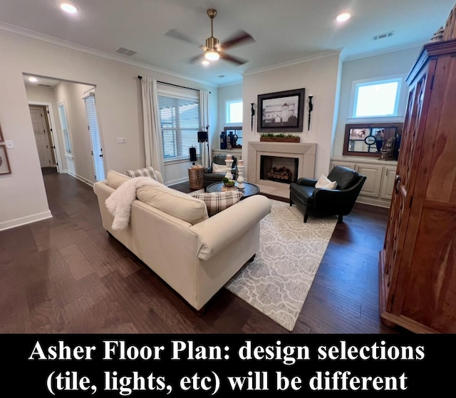 4844 Lyla Ln, Collierville, TN 38017 - living area featuring dark wood-style floors, ceiling fan, a fireplace, ornamental molding, and plenty of natural light