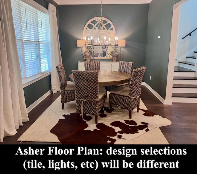 4844 Lyla Ln, Collierville, TN 38017 - dining space with stairs, baseboards, dark wood-type flooring, and a chandelier