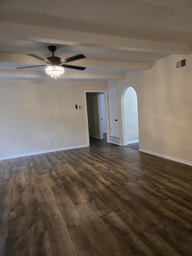 3403 Lynchburg St, Memphis, TN 38134 - unfurnished room featuring arched walkways, ceiling fan, dark wood finished floors, beamed ceiling, and baseboards