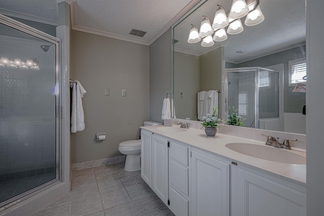 8451 Donegal Cv, Germantown, TN 38139 - bathroom featuring a textured ceiling, ornamental molding, a stall shower, double vanity, and toilet