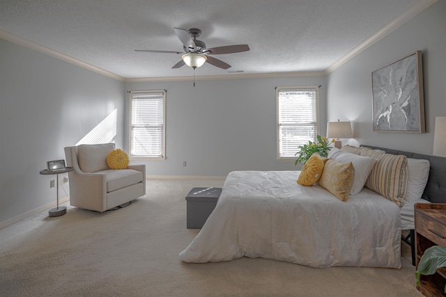8451 Donegal Cv, Germantown, TN 38139 - carpeted bedroom featuring crown molding, multiple windows, baseboards, a textured ceiling, and ceiling fan
