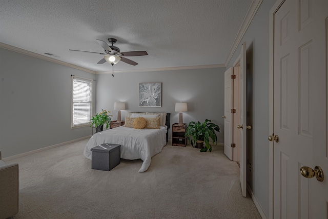 8451 Donegal Cv, Germantown, TN 38139 - bedroom featuring crown molding, light colored carpet, a textured ceiling, baseboards, and a ceiling fan