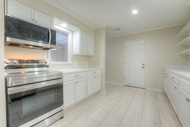 1823 Allenby Green Dr Unit 6, Germantown, TN 38139 - kitchen featuring appliances with stainless steel finishes, open shelves, crown molding, white cabinets, and light countertops
