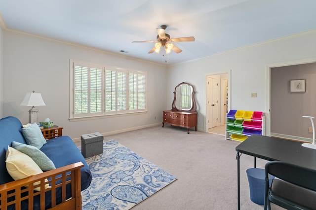 9245 Forest Estates Cv, Germantown, TN 38139 - sitting room with a ceiling fan, crown molding, carpet, and baseboards