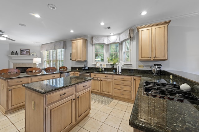 9245 Forest Estates Cv, Germantown, TN 38139 - kitchen featuring a peninsula, light brown cabinetry, a kitchen island, light tile patterned flooring, and recessed lighting