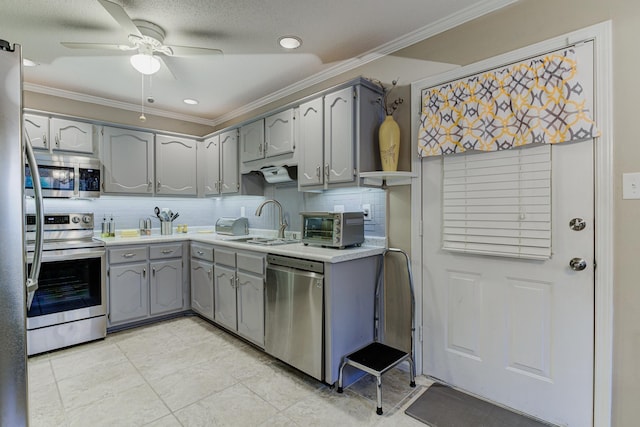 3120 Caledonia Rd, Memphis, TN 38119 - kitchen with appliances with stainless steel finishes, gray cabinetry, a sink, a ceiling fan, and ornamental molding
