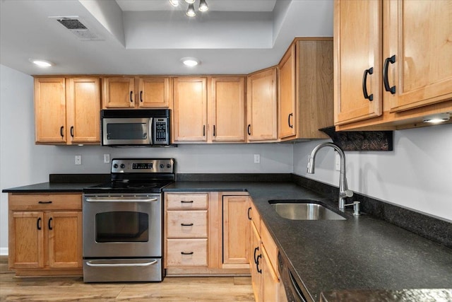 1829 Eagle Branch Cv Unit 41, Germantown, TN 38138 - kitchen featuring appliances with stainless steel finishes, a sink, light wood-type flooring, and a tray ceiling