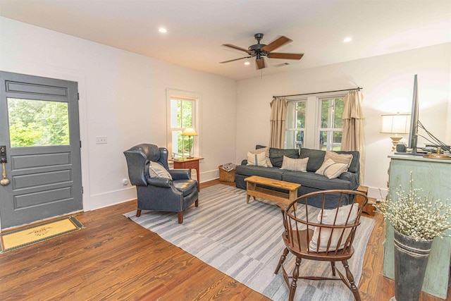 504 Rushing Rd, Michie, TN 38357 - living room featuring wood finished floors, ceiling fan, recessed lighting, and baseboards
