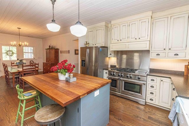 504 Rushing Rd, Michie, TN 38357 - kitchen with appliances with stainless steel finishes, a chandelier, wood counters, dark wood-style floors, and hanging light fixtures