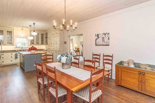 504 Rushing Rd, Michie, TN 38357 - dining area with a chandelier, dark wood-style flooring, and wood ceiling