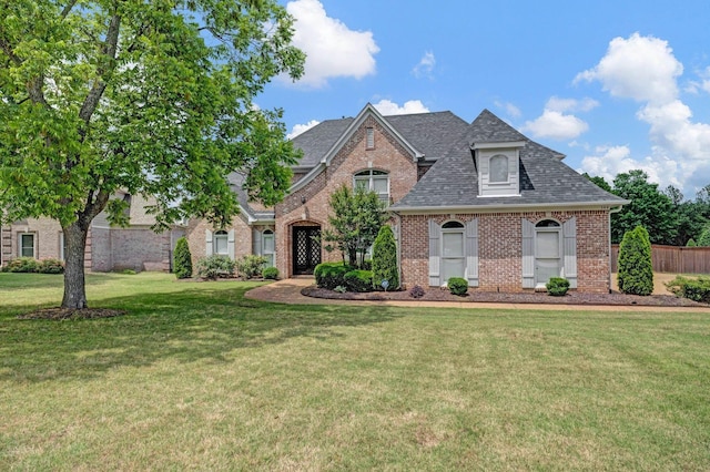 546 Township Cv, Collierville, TN 38017 - french country inspired facade featuring brick siding, a front lawn, and roof with shingles