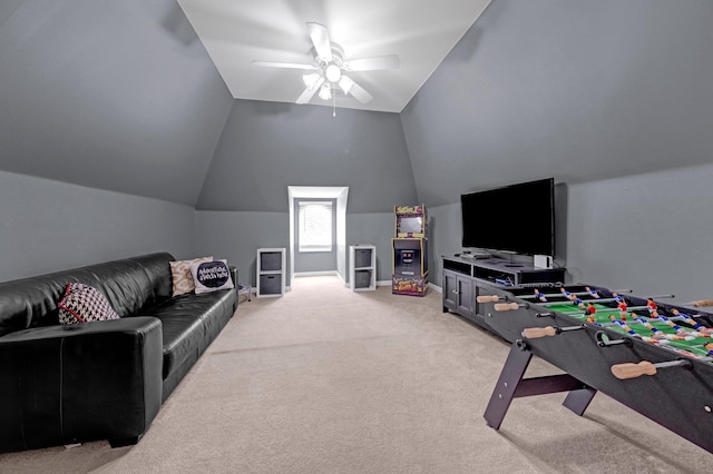 546 Township Cv, Collierville, TN 38017 - living area with ceiling fan, lofted ceiling, light carpet, and baseboards