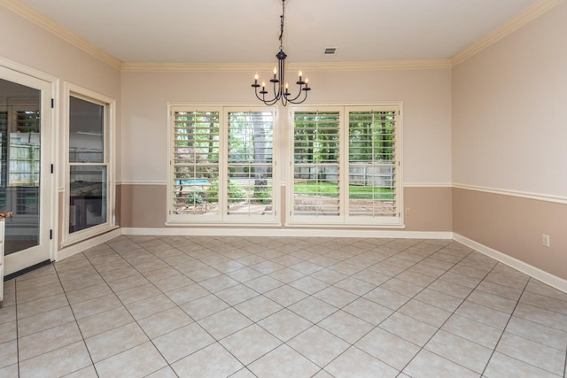 1625 Autumn Tree Cv, Memphis, TN 38016 - unfurnished dining area with a chandelier, healthy amount of natural light, ornamental molding, light tile patterned flooring, and baseboards
