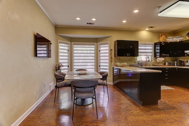 6703 N Kirby Oaks Cv, Memphis, TN 38119 - kitchen featuring ornamental molding, a peninsula, dark wood-type flooring, dark cabinetry, and baseboards