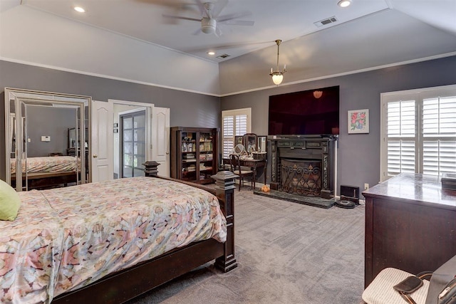 6703 N Kirby Oaks Cv, Memphis, TN 38119 - bedroom featuring lofted ceiling, carpet flooring, a fireplace with raised hearth, crown molding, and recessed lighting