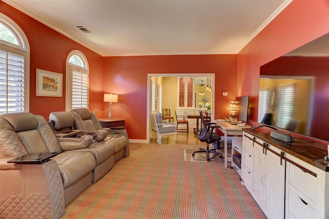 6703 N Kirby Oaks Cv, Memphis, TN 38119 - living room with carpet floors, ornamental molding, a desk, and baseboards