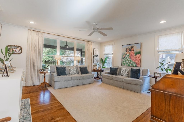 1514 Vance Ave, Memphis, TN 38104 - living room featuring a ceiling fan, plenty of natural light, wood finished floors, recessed lighting, and crown molding