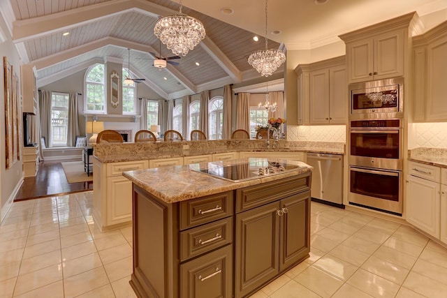 9470 Riveredge Dr, Memphis, TN 38018 - kitchen with a chandelier, stainless steel appliances, healthy amount of natural light, and wooden ceiling