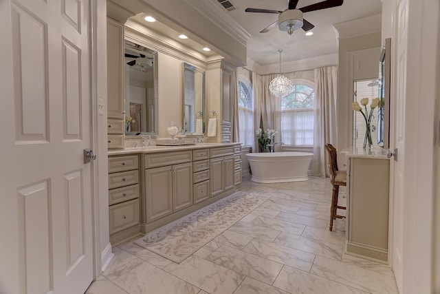 9470 Riveredge Dr, Memphis, TN 38018 - full bathroom with ornamental molding, marble finish floors, vanity, ceiling fan, and a freestanding tub