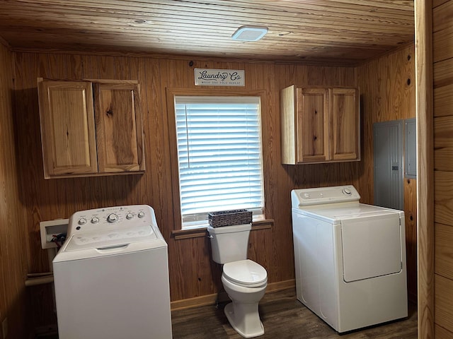 552 Catfish Ln, Crump, TN 38327 - washroom featuring wooden ceiling, washing machine and clothes dryer, wooden walls, electric panel, and dark wood-style floors