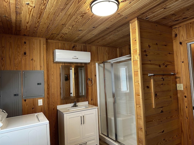 552 Catfish Ln, Crump, TN 38327 - bathroom featuring wood ceiling, washer / clothes dryer, a wall mounted air conditioner, wood walls, and electric panel