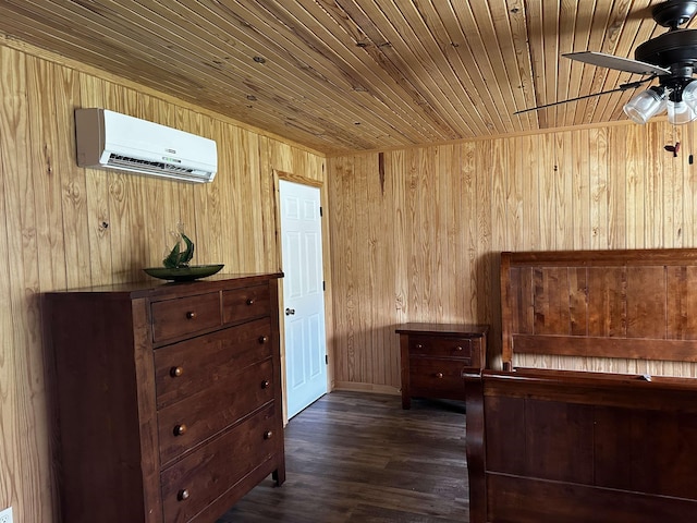 552 Catfish Ln, Crump, TN 38327 - bedroom with a wall mounted AC, wood ceiling, wood walls, and dark wood-style flooring