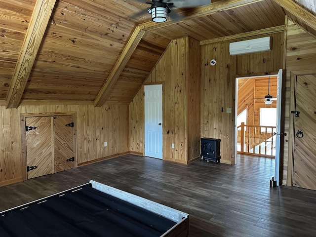 552 Catfish Ln, Crump, TN 38327 - bonus room featuring wood ceiling, wood walls, wood finished floors, a wall mounted air conditioner, and a ceiling fan