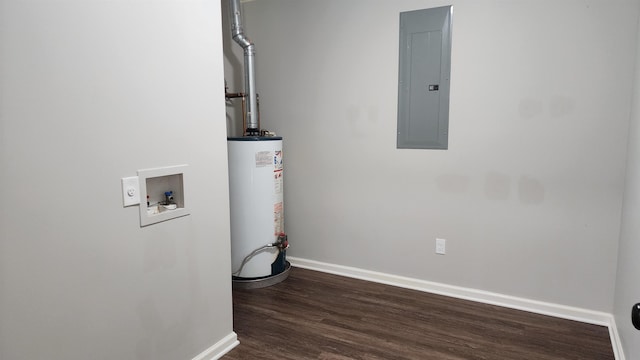 445 Caldwell Rd, Ripley, TN 38063 - laundry area featuring electric panel, gas water heater, wood finished floors, washer hookup, and baseboards
