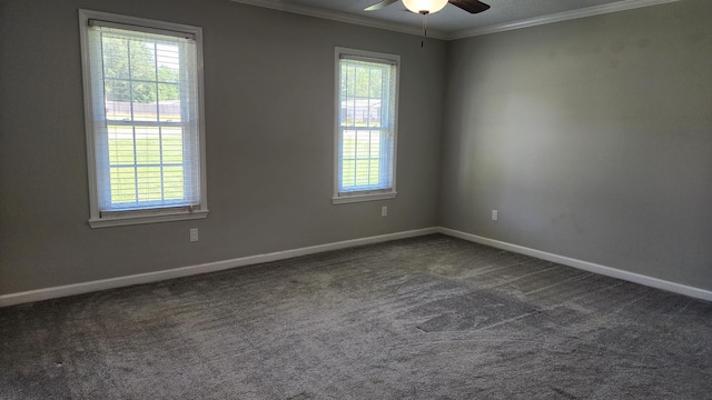 445 Caldwell Rd, Ripley, TN 38063 - spare room with ceiling fan, dark colored carpet, ornamental molding, and baseboards