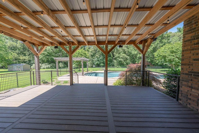 220 Willow Bend Way, Arlington, TN 38002 - wooden terrace with view of wooded area, an outbuilding, and a yard