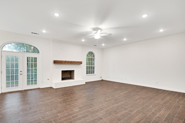 95 Hancock Cv, Eads, TN 38028 - unfurnished living room featuring a ceiling fan, recessed lighting, dark wood finished floors, baseboards, and a brick fireplace
