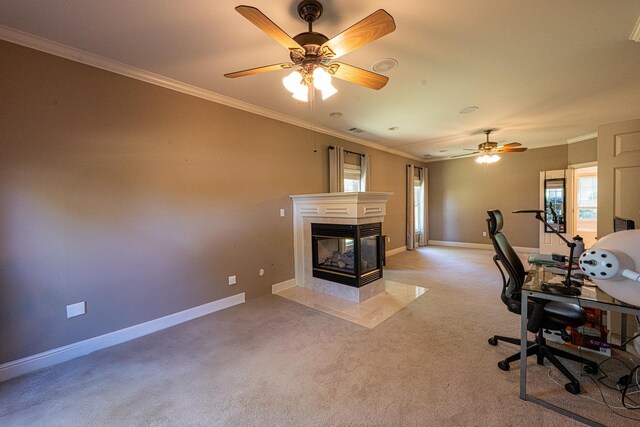 10223 Poston Oaks Cir, Collierville, TN 38017 - office with light carpet, a multi sided fireplace, crown molding, baseboards, and ceiling fan