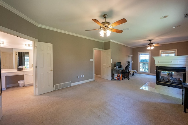 10223 Poston Oaks Cir, Collierville, TN 38017 - living room featuring a desk, light carpet, crown molding, a multi sided fireplace, and ceiling fan